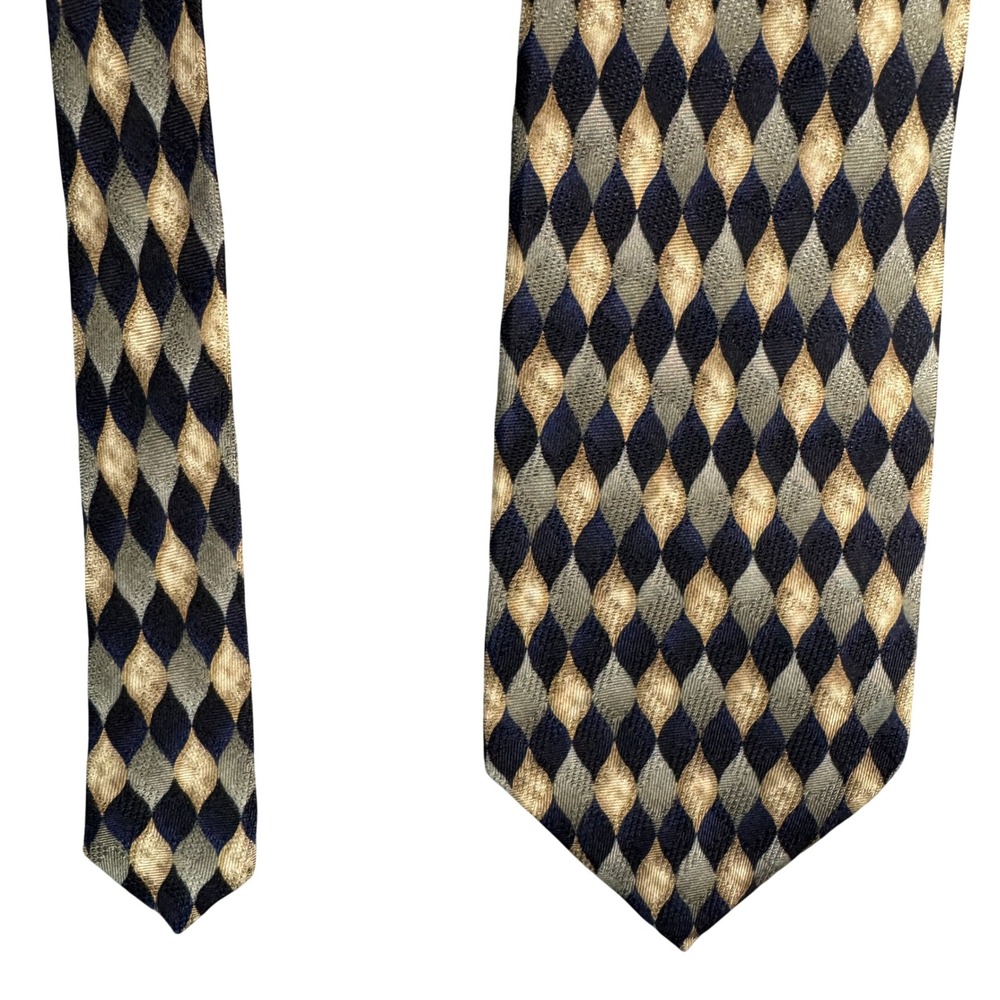 Louis Roth Mens Silk Tie Navy Gold Olive Green Diamond Harlequin Pattern Hand